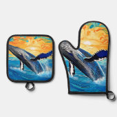 Humpback Sunset Leap Art Ovenwant & Pannenlap Set (Voorkant)