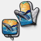 Humpback Sunset Leap Art Ovenwant & Pannenlap Set (Voorkant / Achterkant)
