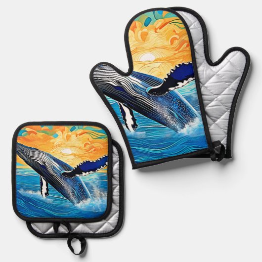 Humpback Sunset Leap Art Ovenwant & Pannenlap Set (Voorkant / Achterkant)