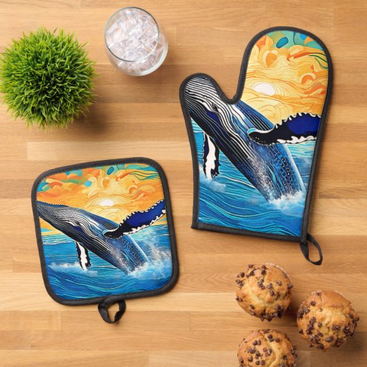 Humpback Sunset Leap Kunst Ovenwant & Pannenlap Set (Top down)
