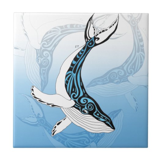 Humpback Whale Tribal Blue Art Tegeltje (Voorkant)