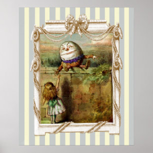 Humpty Dumpty en Alice op blauwe en witte strepen Poster