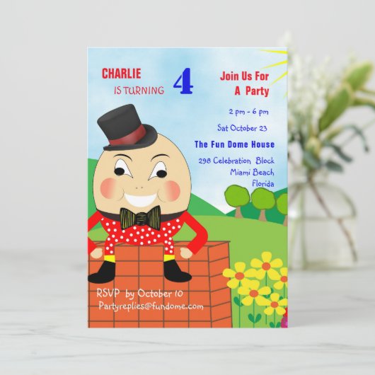 Humpty Dumpty Thleed Kids Birthday Party Editable Kaart (Staand voorkant)