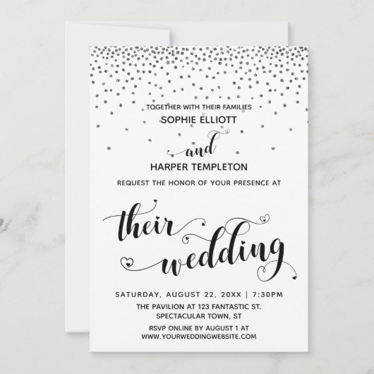 Hun bruiloft harten script Silver Confetti Kaart (Voorkant)