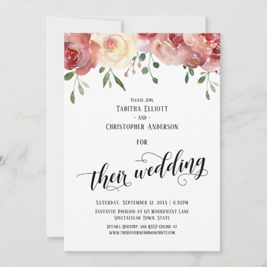 Hun bruiloft kalligrafie, bordeaux, blozen Rozen Kaart (Voorkant)