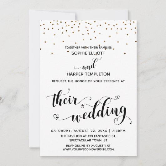 Hun bruiloft kalligrafie w / harten, gouden Confet Kaart (Voorkant)