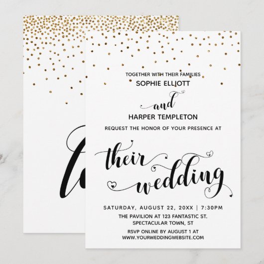 Hun bruiloft kalligrafie w / harten, gouden Confet Kaart (Voorkant / Achterkant)