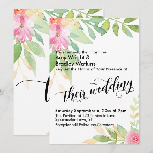 Hun bruiloft typografie Waterverf Bloemen bruiloft Kaart (Voorkant / Achterkant)