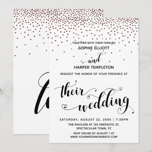 Hun Trouw Hart Script Roze Goud Confetti Kaart (Voorkant / Achterkant)