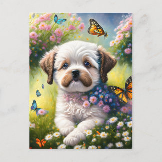 Hund in Blumenwiese mit Schmetterlingen Briefkaart