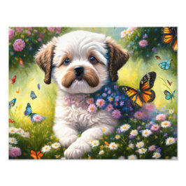 Hund in Blumenwiese mit Schmetterlingen Foto Afdruk