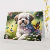 Hund in Blumenwiese mit Schmetterlingen Kaart (Gele Bloem)