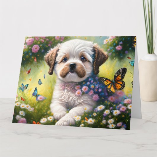 Hund in Blumenwiese mit Schmetterlingen Kaart (Voorkant)