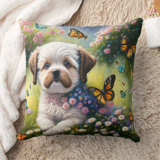 Hund in Blumenwiese mit Schmetterlingen Kussen (Deken)