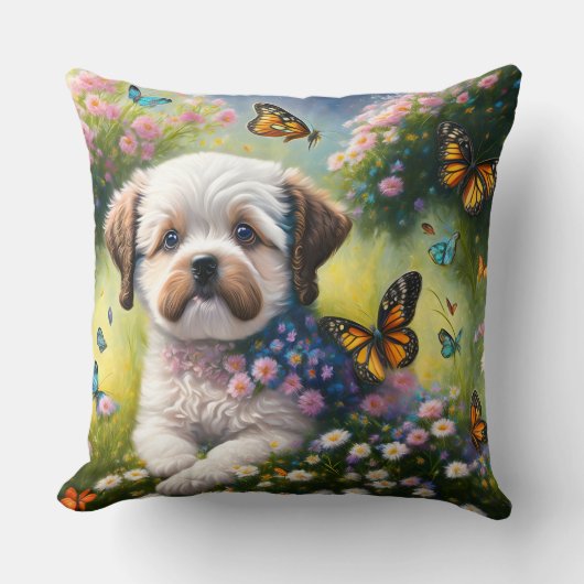 Hund in Blumenwiese mit Schmetterlingen Kussen (Voorkant)