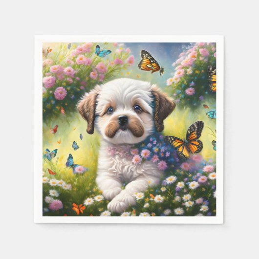 Hund in Blumenwiese mit Schmetterlingen Servet (Voorkant)