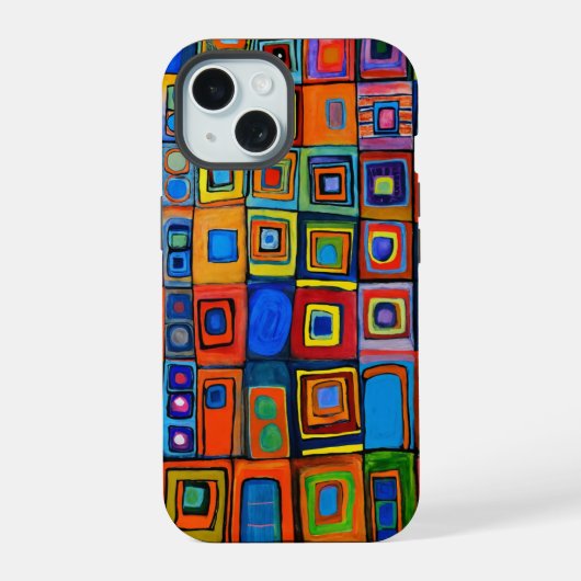 Hundertwasser Geïnspireerde Levendige Vierkanten  iPhone 15 Case (Achterkant)