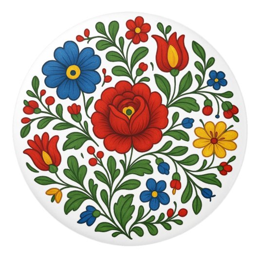 Hungarian Kalocsa Floral Folk Art Ceramic Knob Keramische Knop (Voorkant)