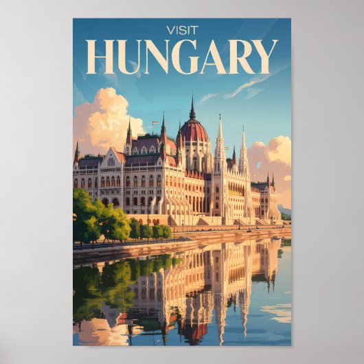 Hungary Parliament Illustration Travel Art Vintage Poster (Voorkant)