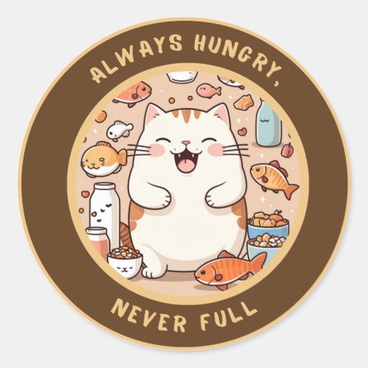 Hungry Cat Sticker - Kawaii Humor Design (Voorkant)