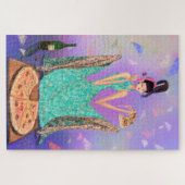 Hungry Girl Eating Pizza en Drink wijn - Funny Legpuzzel (Horizontaal)