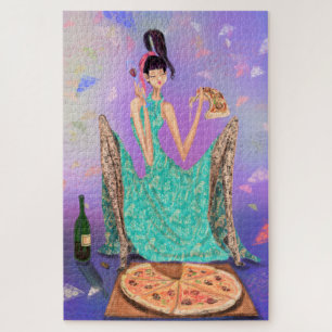 Hungry Girl Eating Pizza en Drink wijn - Funny Legpuzzel