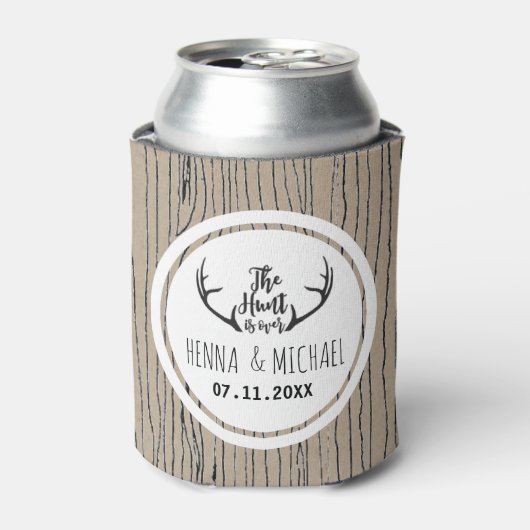 "Hunt is over" Rustic Antler Barnwood Wedding Blikjeskoeler (Blikje Voorkant)
