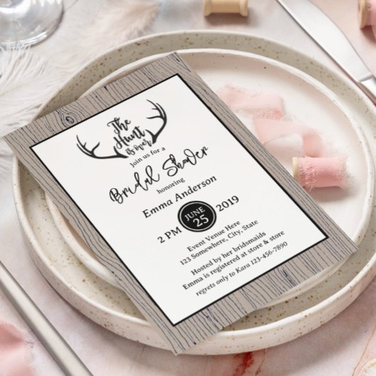 "Hunt is over" Rustic Antler Barnwood Wedding Kaart