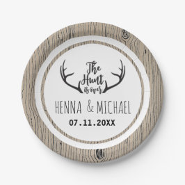 "Hunt is over" Rustic Antler Barnwood Wedding Papieren Bordje