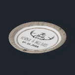 "Hunt is over" Rustic Antler Barnwood Wedding Papieren Bordje<br><div class="desc">"De jacht is voorbij" Rustieke Barnwood Custom Wedding Paper Party Borden. Personaliseer het met de namen en trouwdatum van bruid & bruidegom of klik op de knop "Aanpassen" om naar de ontwerptool te gaan waar u tekst kunt toevoegen, het lettertype, de tekstgrootte, tekstkleur, tekstpositionering en meer kunt wijzigen. **Gecoördineerde sjablonen...</div>