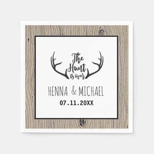 "Hunt is over" Rustic Antler Barnwood Wedding Servetten (Voorkant)