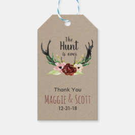 Hunt is over Rustic Antler Burgundy Floral Wedding Cadeaulabel