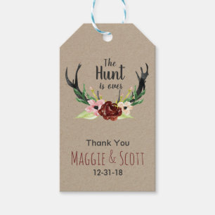 Hunt is over Rustic Antler Burgundy Floral Wedding Cadeaulabel