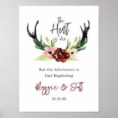 Hunt is over Rustic Antler Burgundy Floral Wedding Poster (Voorkant)