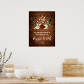 Hunt is over Rustic Antler Burgundy Floral Wedding Poster (Keuken)