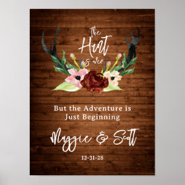 Hunt is over Rustic Antler Burgundy Floral Wedding Poster