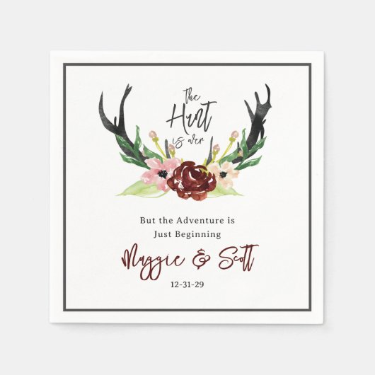 Hunt is over Rustic Antler Burgundy Floral Wedding Servet (Voorkant)