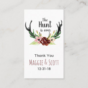 Hunt is over Rustic Antler Burgundy Floral Wedding Visitekaartje