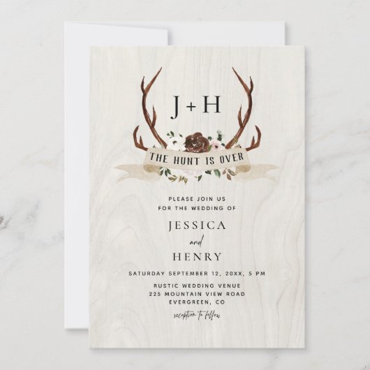 Hunt is Over Rustic Antlers QR Code Wedding  Kaart (Voorkant)