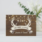 Hunt is over Rustic String Lights Wedding RSVP Kaartje (Staand voorkant)