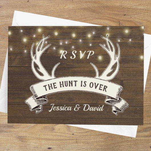 Hunt is over Rustic String Lights Wedding RSVP Kaartje