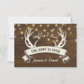 Hunt is over Rustic Wood Antler Weddenfoto Bedankkaart (Voorkant)