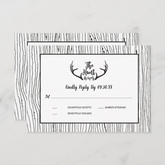 "Hunt is over" Rustiek hout Antler bruiloft RSVP Kaart (Voorkant / Achterkant)