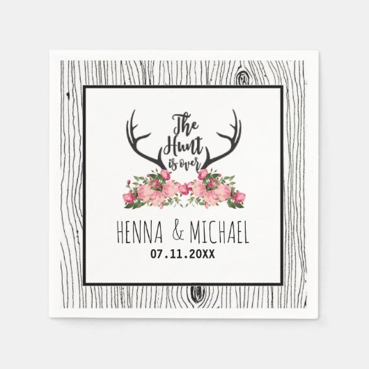 Hunt is over rustieke Antler Barnwood Floral bruil Servet (Voorkant)