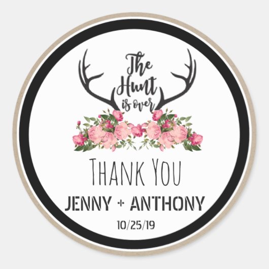 Hunt is over rustieke Antler Floral dank u Ronde Sticker (Voorkant)