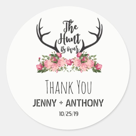 Hunt is over rustieke Antler Floral dank u Ronde Sticker (Voorkant)