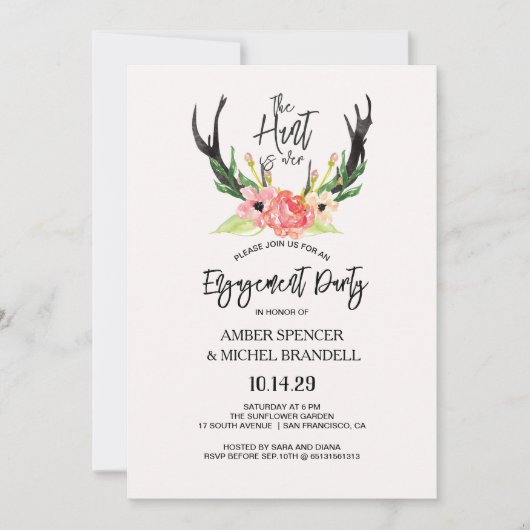 Hunt is over rustieke Antler Floral Engagement Par Kaart (Voorkant)