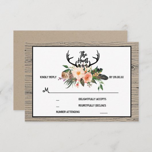 Hunt is over rustieke Boho Floral bruiloft RSVP (Voorkant / Achterkant)