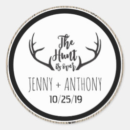 "Hunt is voorbij" Rustiek Barnwood Save the Date S Ronde Sticker