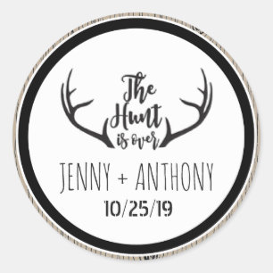 "Hunt is voorbij" Rustiek Barnwood Save the Date S Ronde Sticker